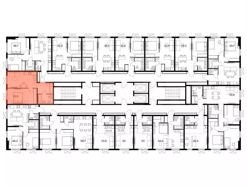 1-к. квартира, 43,5 м, 17/25 эт. - Фото 1