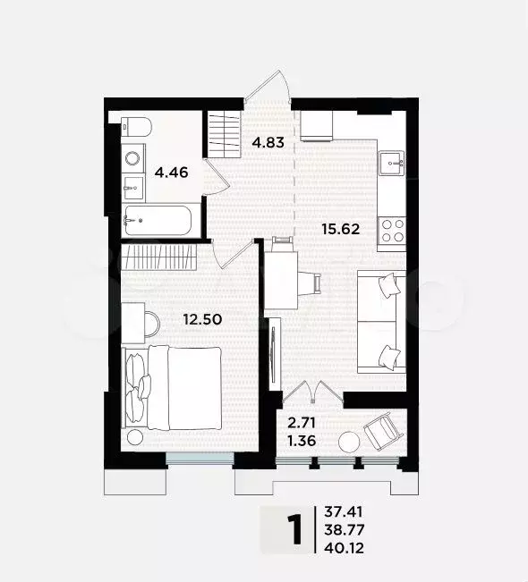 1-к. квартира, 38,8 м, 5/5 эт. - Фото 1