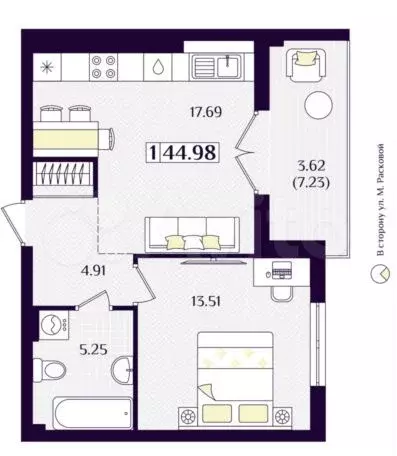 1-к. квартира, 45 м, 5/7 эт. - Фото 1