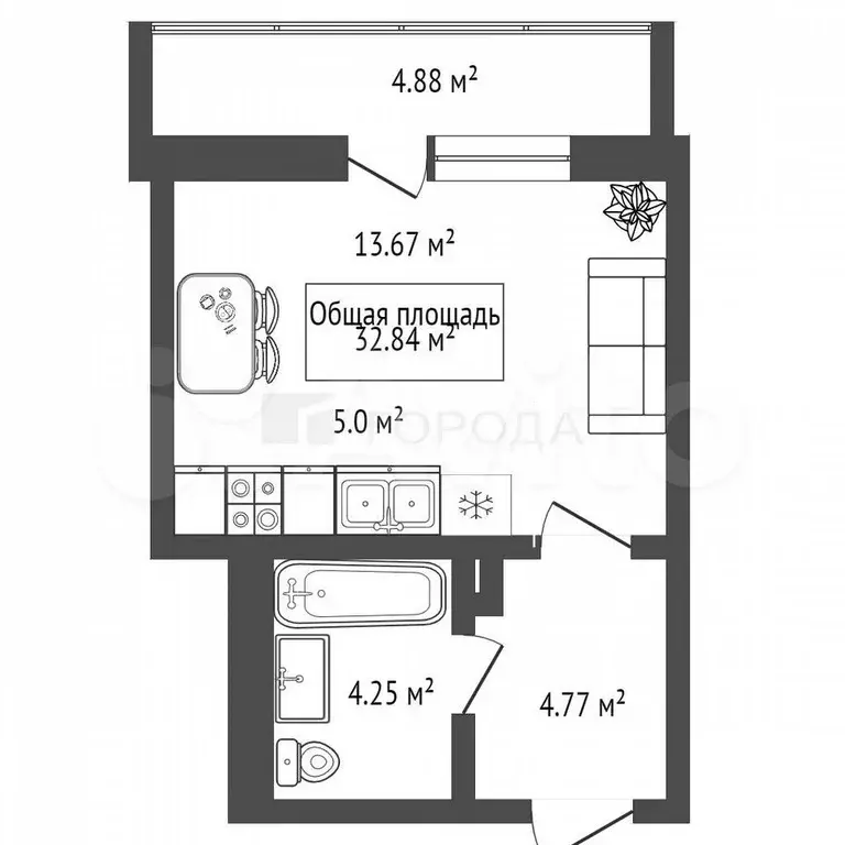 1-к. квартира, 32 м, 8/9 эт. - Фото 1