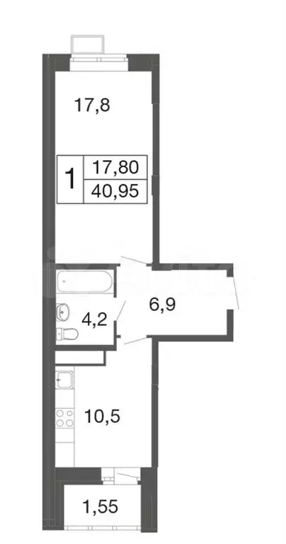 1-к. квартира, 41м, 4/9эт. - Фото 0