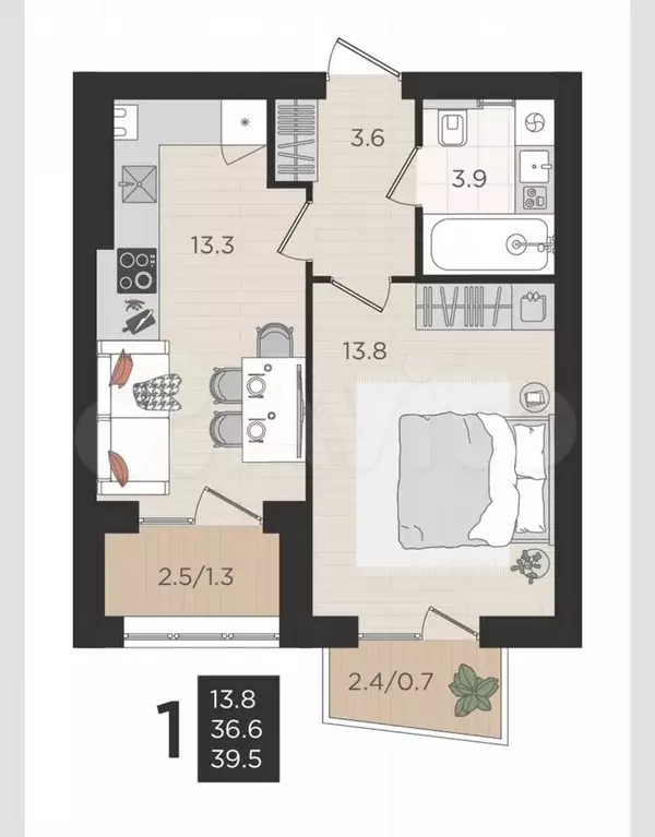 2-к. квартира, 36,6 м, 4/4 эт. - Фото 1