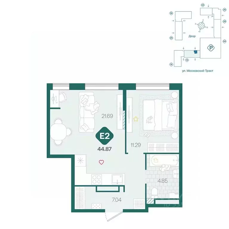 1-к кв. Тюменская область, Тюмень Сибирский жилой комплекс (44.87 м) - Фото 0