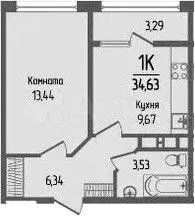 1-к. квартира, 34,6 м, 4/16 эт. - Фото 1