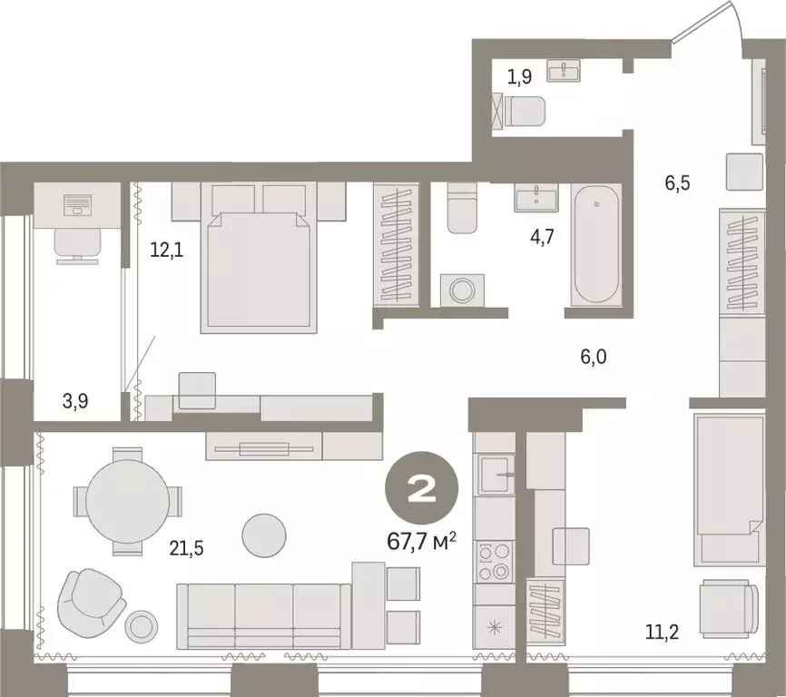 2-комнатная квартира: Тюмень, Краснооктябрьская улица, 4к3 (67.73 м) - Фото 1