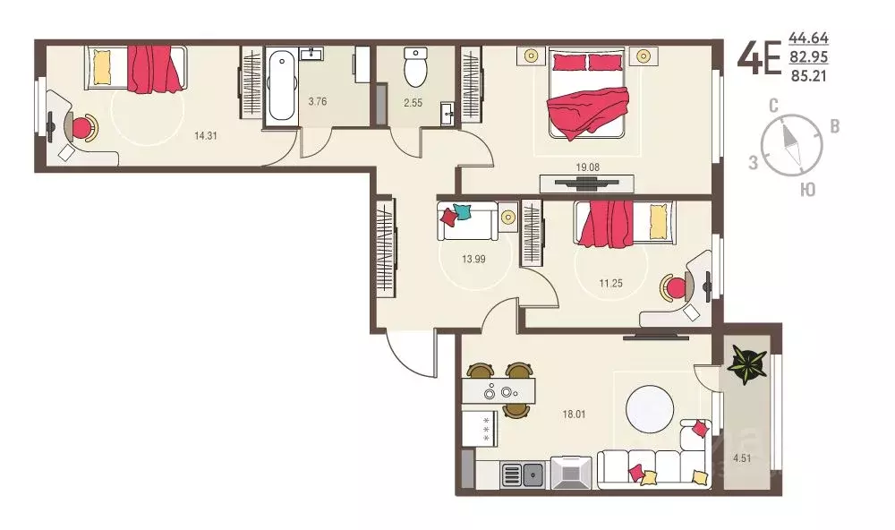 3-к кв. Курская область, Курск ул. Энгельса, 115 (85.21 м) - Фото 1