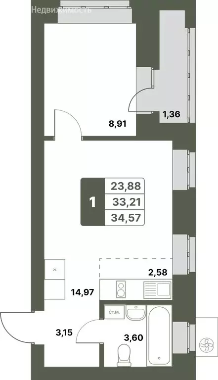 1-комнатная квартира: Уфимский район, село Миловка (34.57 м) - Фото 0