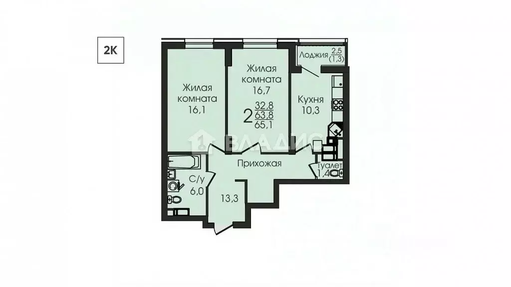 2-к кв. Воронежская область, Воронеж ул. Урицкого, 135 (64.9 м) - Фото 1