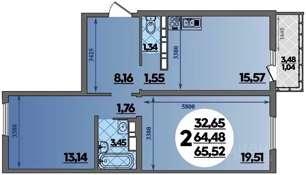 2-к кв. Адыгея, Майкоп  (65.52 м) - Фото 1