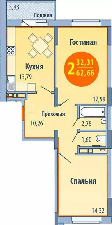 2-к. квартира, 61,4 м, 14/18 эт. - Фото 0