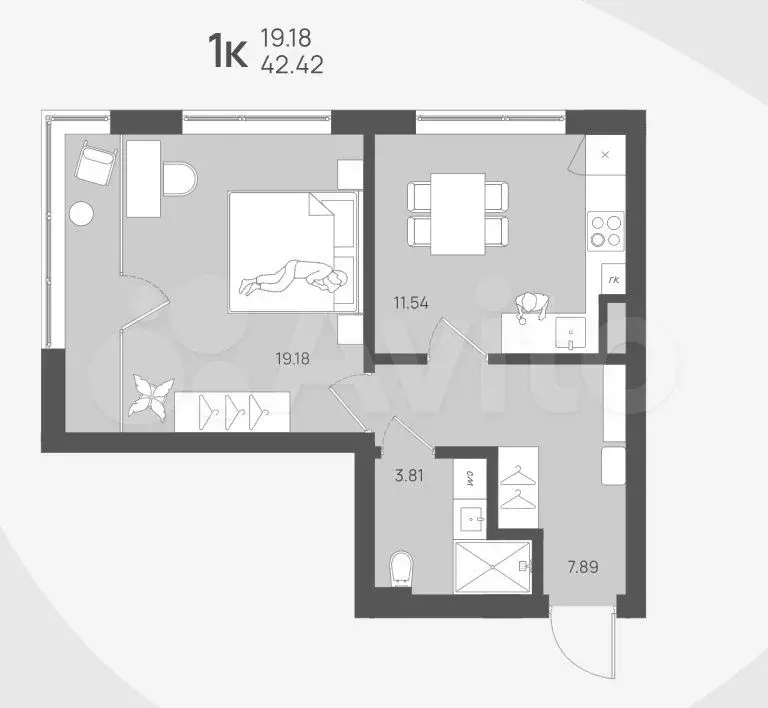 1-к. квартира, 42,4 м, 2/4 эт. - Фото 1
