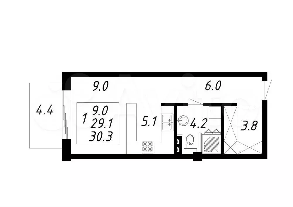 1-к. квартира, 30,3 м, 3/8 эт. - Фото 0