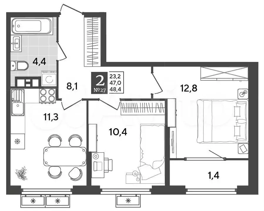 2-к. квартира, 48,4 м, 6/9 эт. - Фото 1