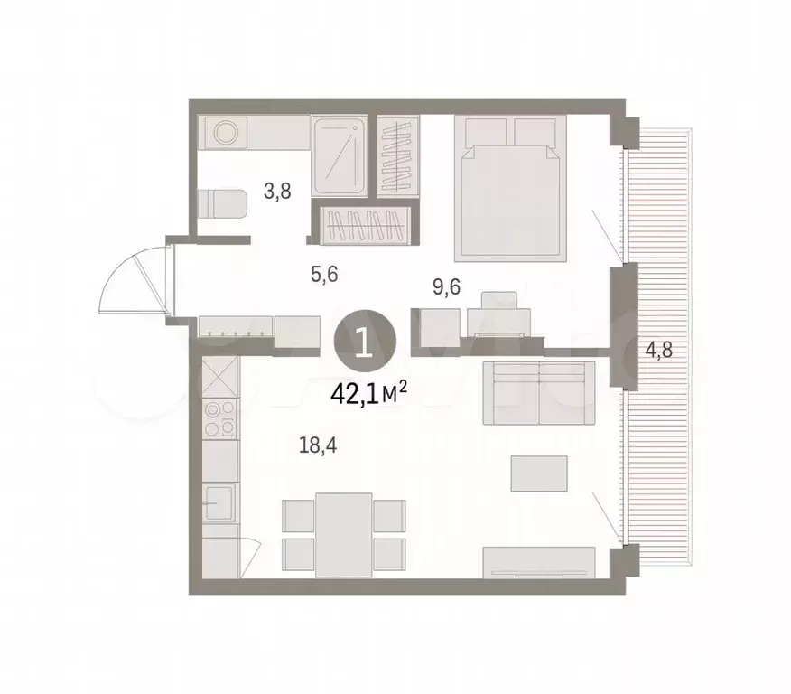 1-к. квартира, 42,1 м, 2/9 эт. - Фото 0