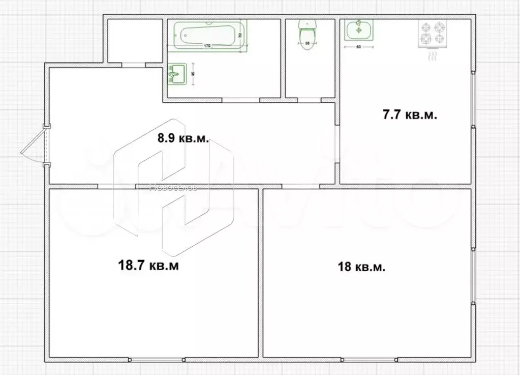 2-к. квартира, 59,6 м, 2/2 эт. - Фото 0