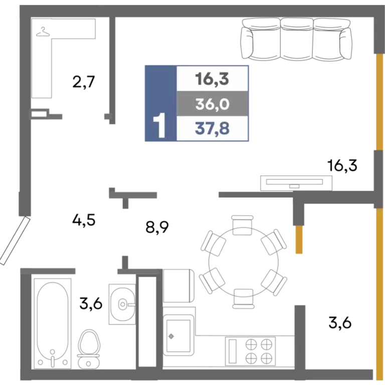 1-к квартира, 37.8 м - Фото 0