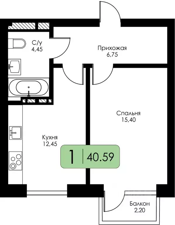 1-к кв. Смоленская область, Смоленск Среда жилой комплекс (40.59 м) - Фото 0
