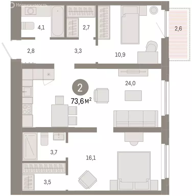 2-комнатная квартира: Тюмень, Мысовская улица, 26к2 (73.56 м) - Фото 1