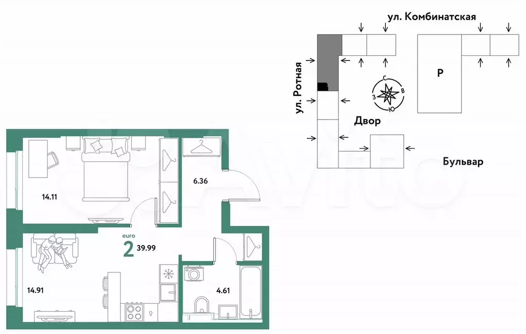 2-к. квартира, 40 м, 3/21 эт. - Фото 0
