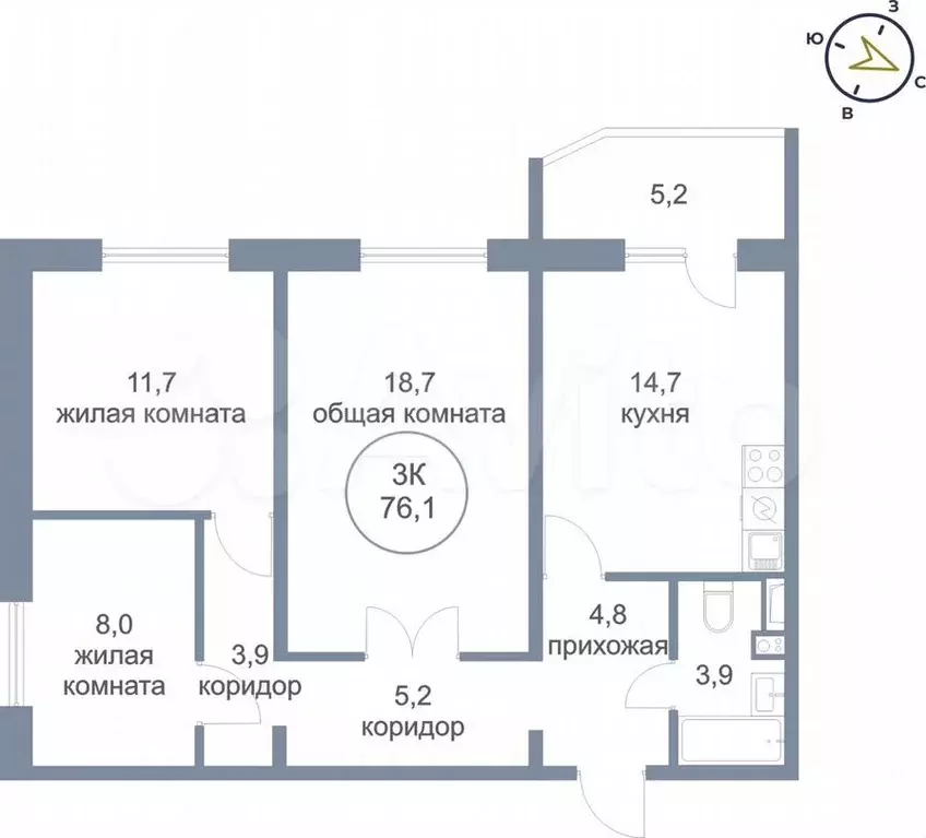 3-к. квартира, 76,1м, 17/25эт. - Фото 0