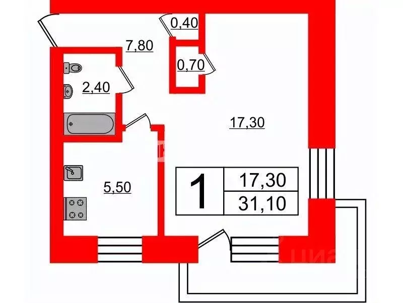 Квартира, 1 комната, 31.1 м - Фото 1