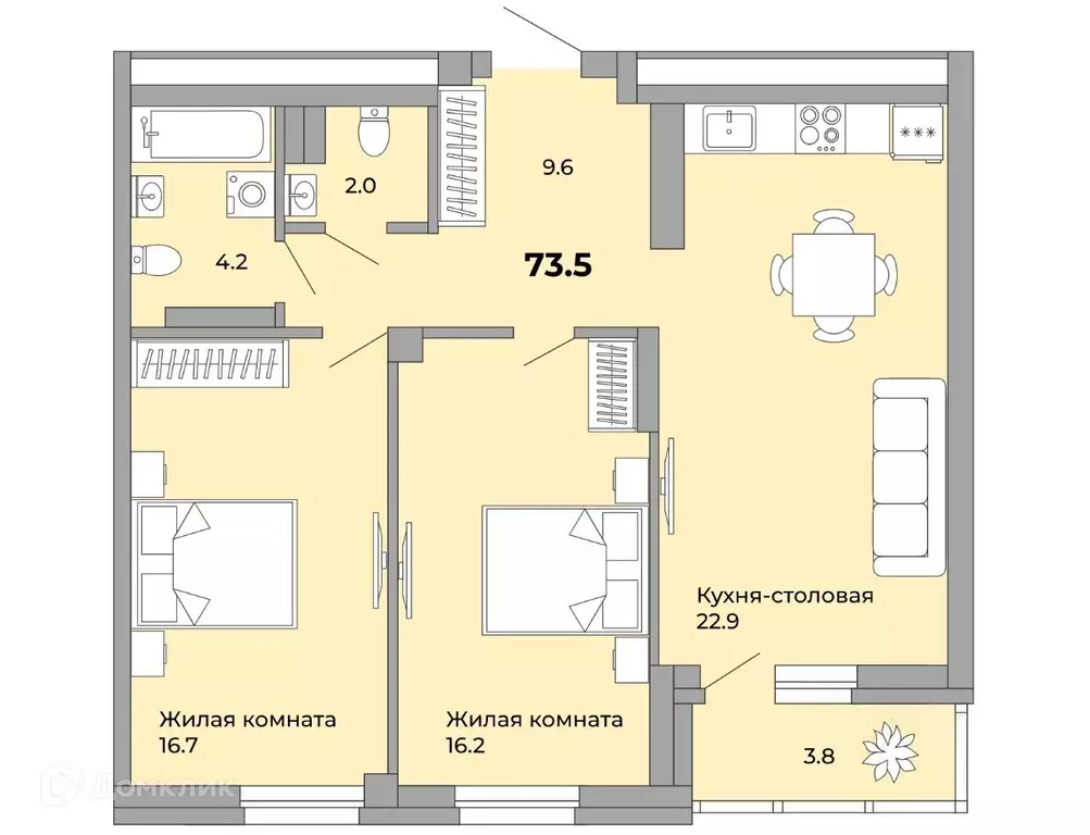 Продаётся 2-к квартира, 73.3 м - Фото 0