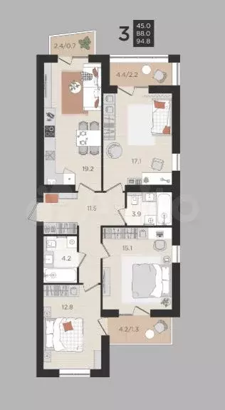 3-к. квартира, 88 м, 2/4 эт. - Фото 1