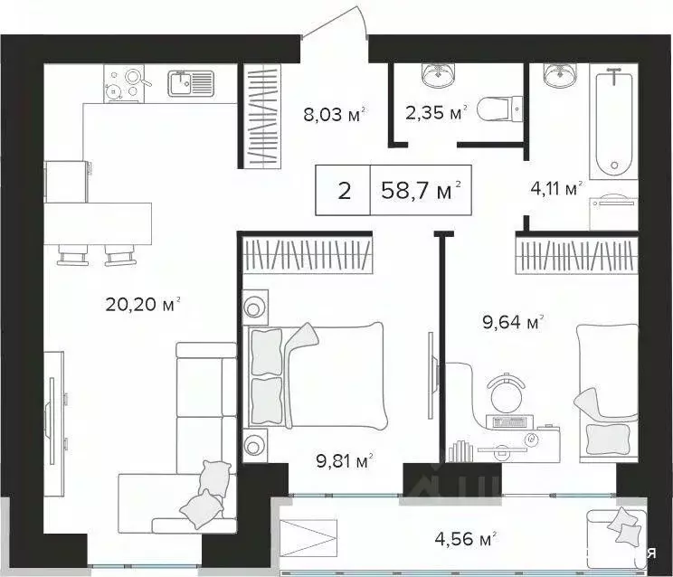 2-к кв. Тульская область, Тула Новомедвенский проезд, 6А (58.7 м) - Фото 1