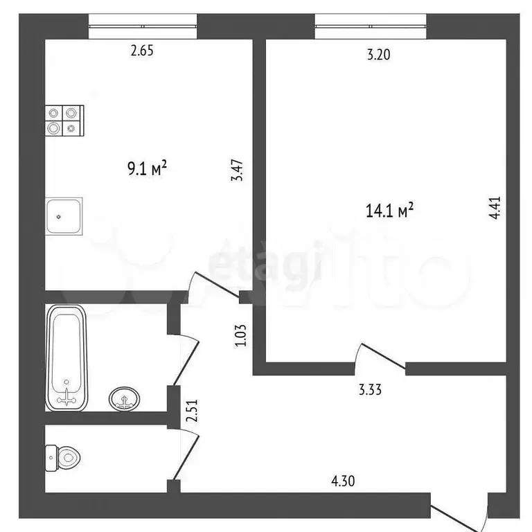 1-к. квартира, 34,5 м, 4/9 эт. - Фото 0