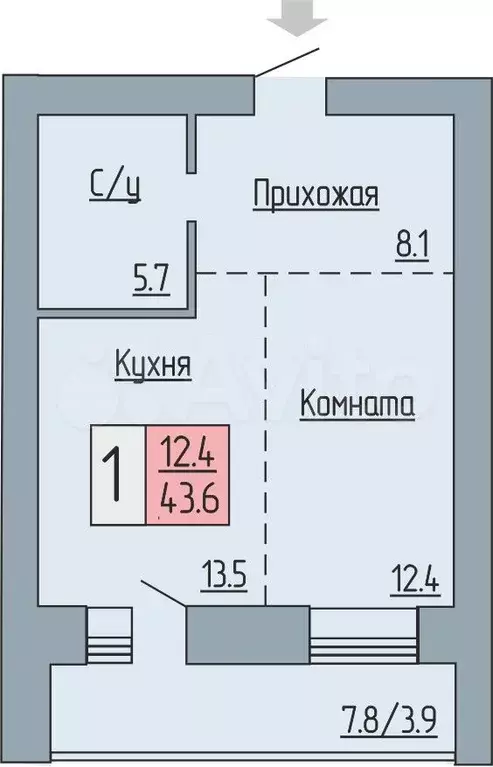 1-к. квартира, 43,6 м, 8/17 эт. - Фото 0