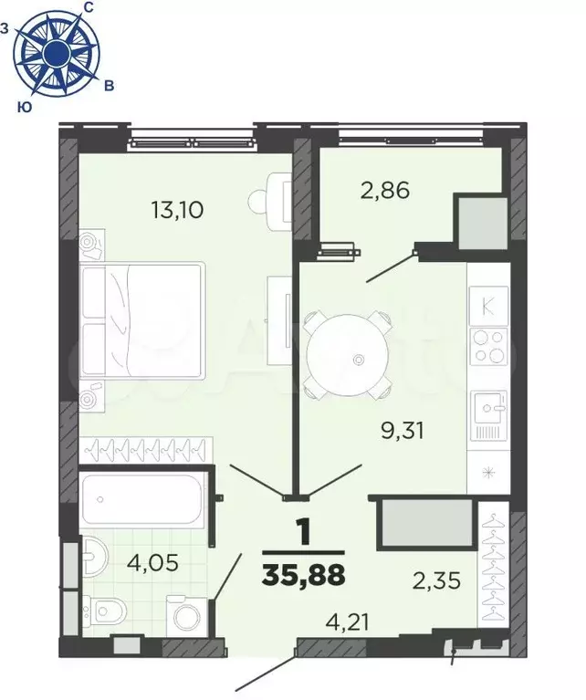 1-к. квартира, 35,9м, 20/25эт. - Фото 1