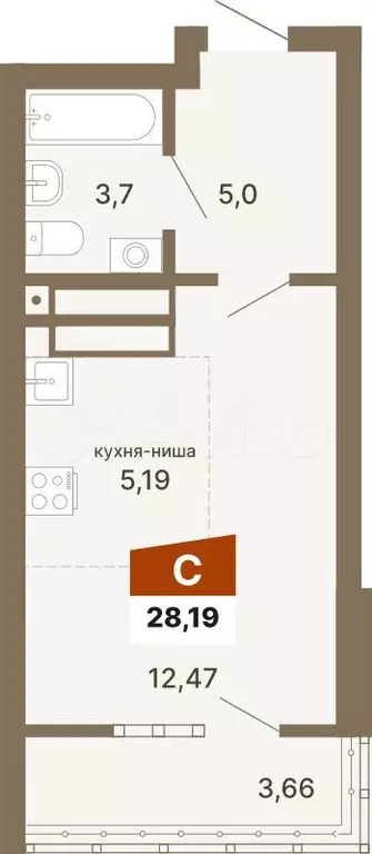 Квартира-студия, 28,2м, 20/23эт. - Фото 0