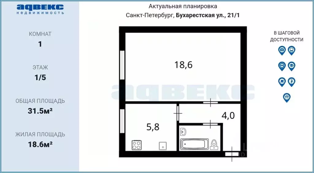 1-к кв. Санкт-Петербург Бухарестская ул., 21К1 (31.5 м) - Фото 1