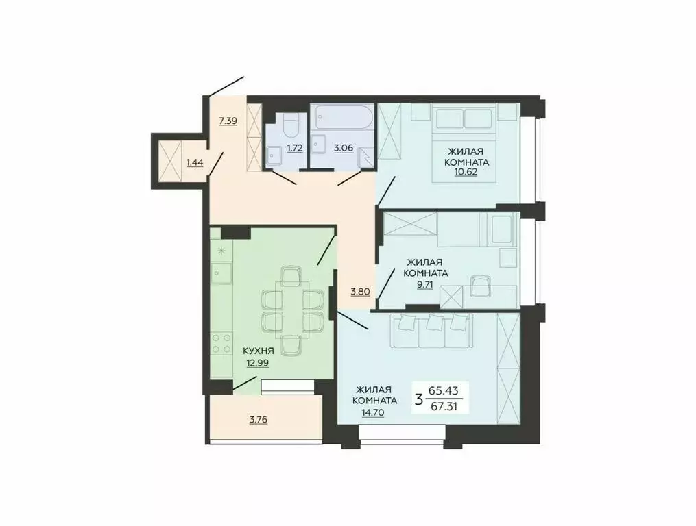 3-комнатная квартира: Воронеж, улица Гаршина, 25к2 (67.31 м) - Фото 0