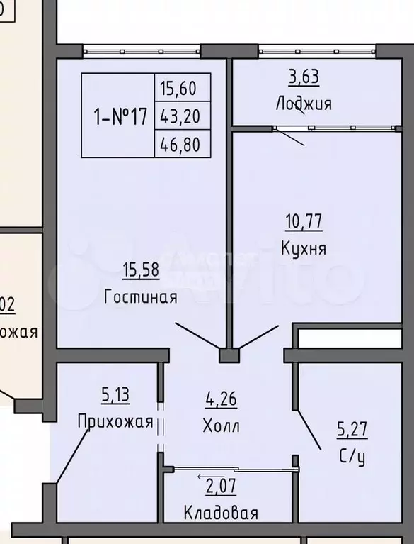 1-к. квартира, 46,8 м, 4/19 эт. - Фото 0