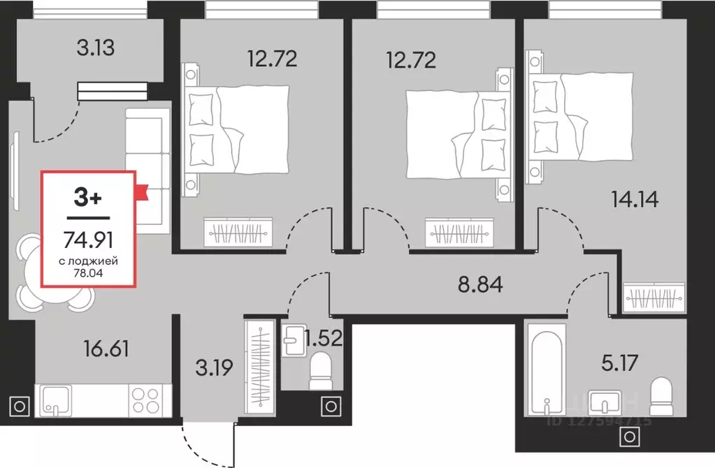 3-к кв. Ханты-Мансийский АО, Нефтеюганск ул. Нефтяников, 48А (74.91 м) - Фото 1