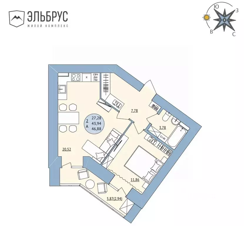 2-к кв. Башкортостан, Уфа Кавказская ул., 24 (46.88 м) - Фото 0