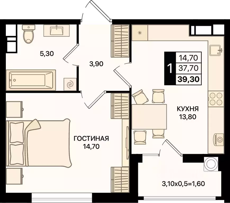 1-к кв. Ростовская область, Ростов-на-Дону просп. Шолохова (39.3 м) - Фото 0