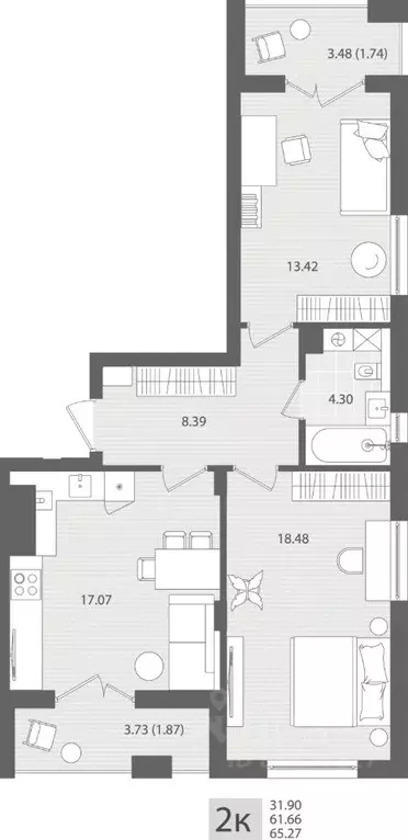 2-к кв. Калининградская область, Пионерский пос. Рыбное,  (65.27 м) - Фото 1