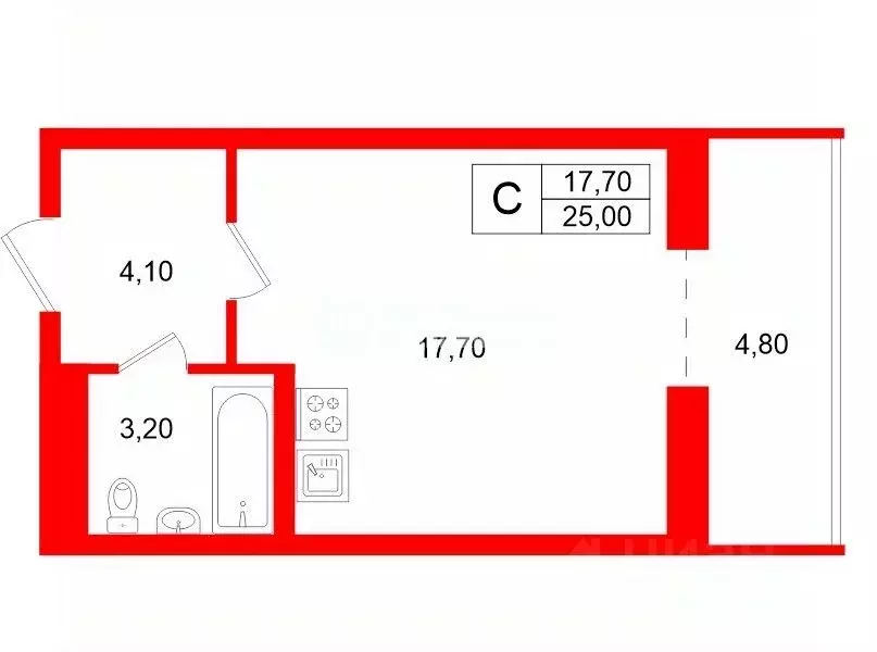Студия Санкт-Петербург просп. Королева, 57к1 (25.0 м) - Фото 1