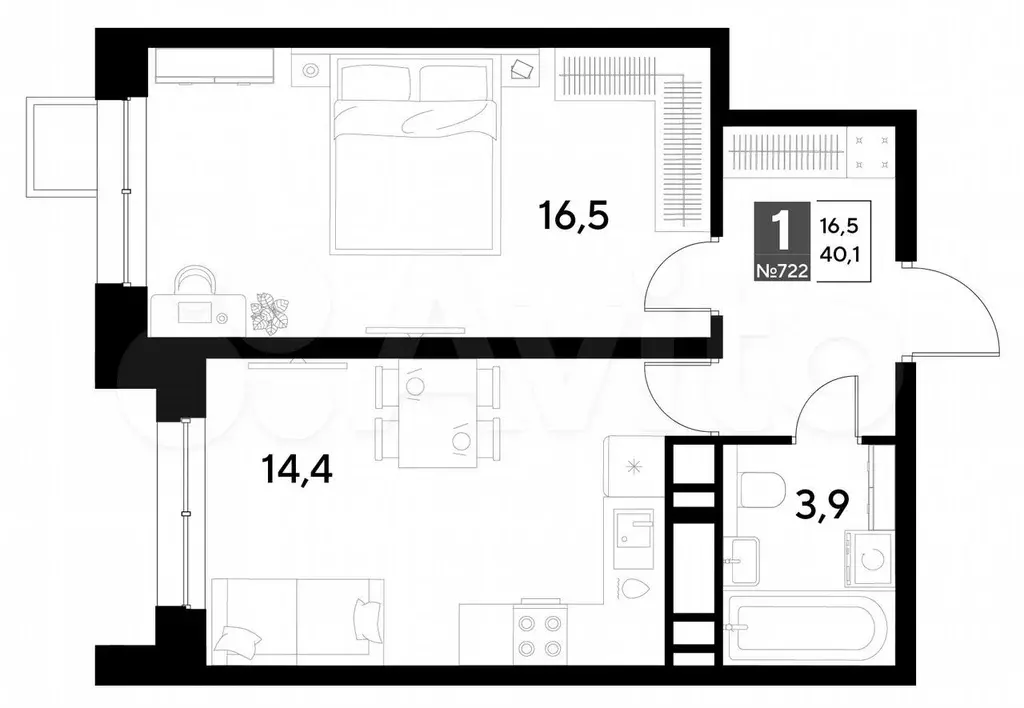 1-к. квартира, 40,1 м, 13/21 эт. - Фото 0