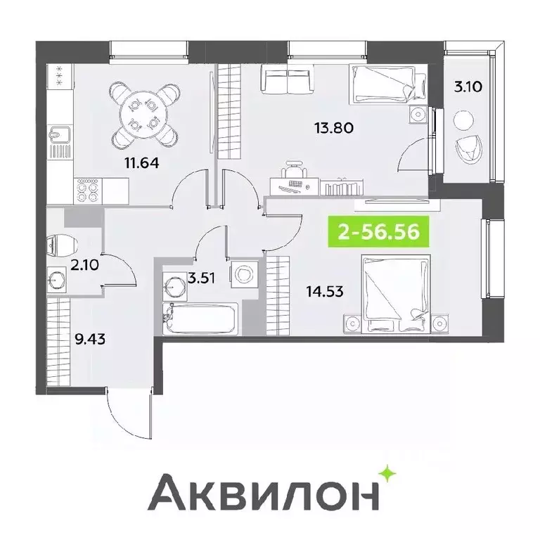 2-к кв. Санкт-Петербург Аквилон Ливз 2 жилой комплекс (56.56 м) - Фото 0