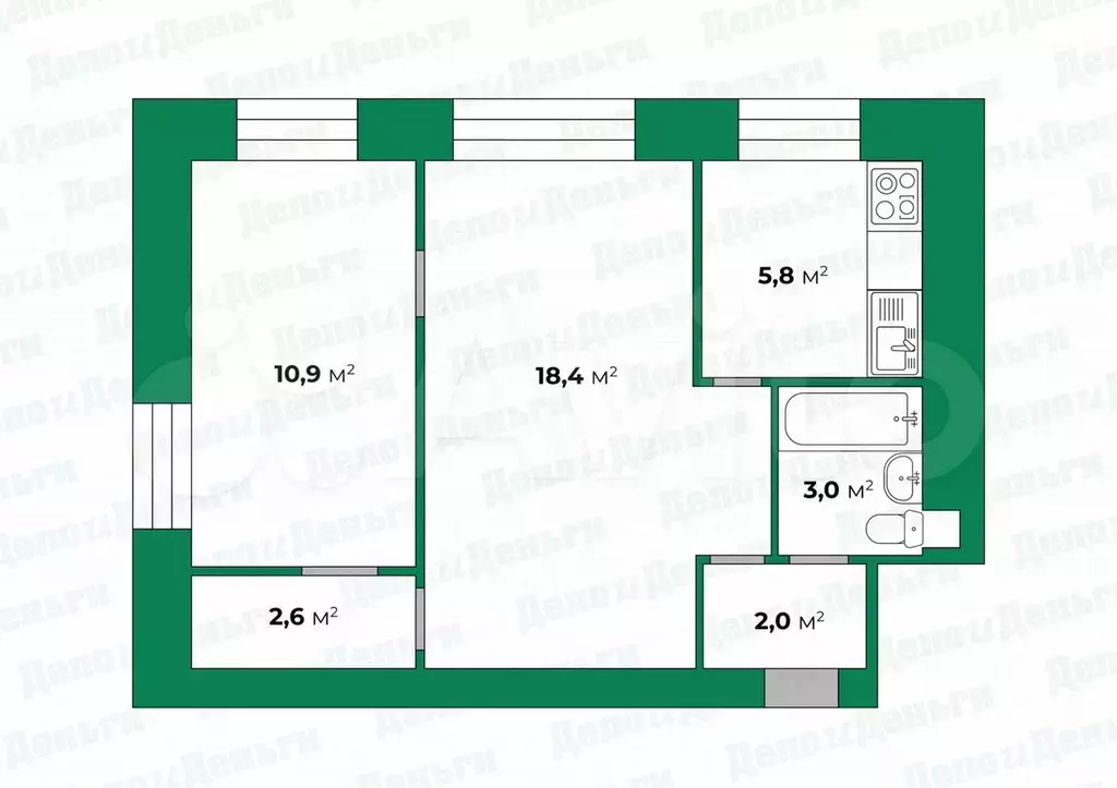 2-к. квартира, 42,7 м, 2/4 эт. - Фото 0