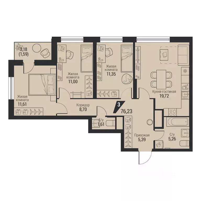 3-к кв. Свердловская область, Екатеринбург просп. Космонавтов, 100 ... - Фото 1