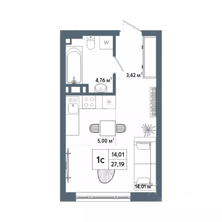 Студия Башкортостан, Уфа 42-й кв-л,  (27.12 м) - Фото 1