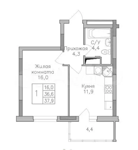 1-к. квартира, 37,9 м, 9/25 эт. - Фото 1
