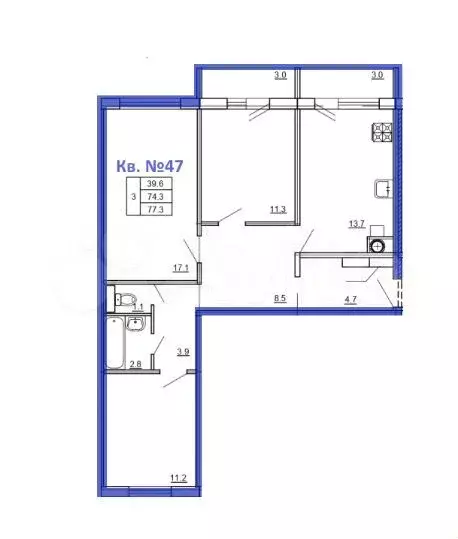 3-к. квартира, 77,3м, 3/9эт. - Фото 1