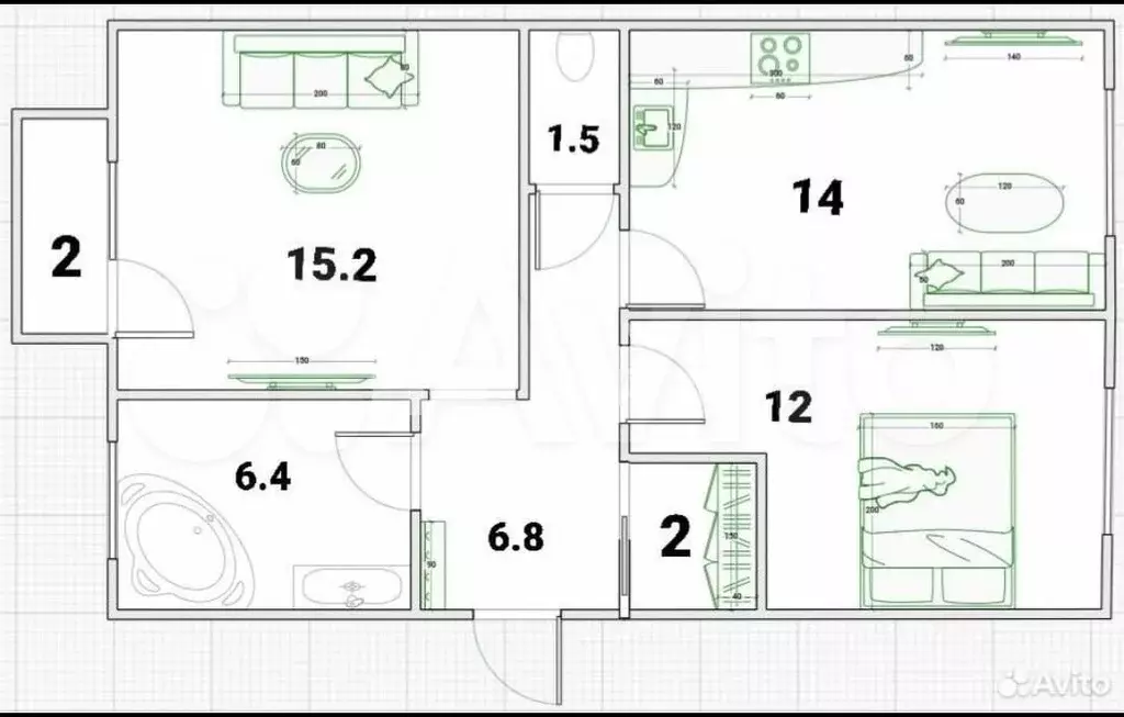 3-к. квартира, 58,4 м, 2/5 эт. - Фото 0