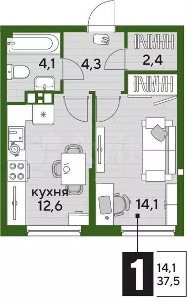 1-к. квартира, 37,5 м, 4/16 эт. - Фото 0