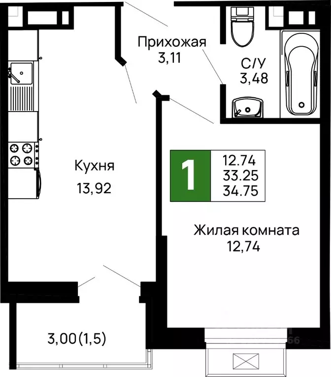 1-к кв. Адыгея, Майкоп 9 Мая ул., 14А (34.75 м) - Фото 0